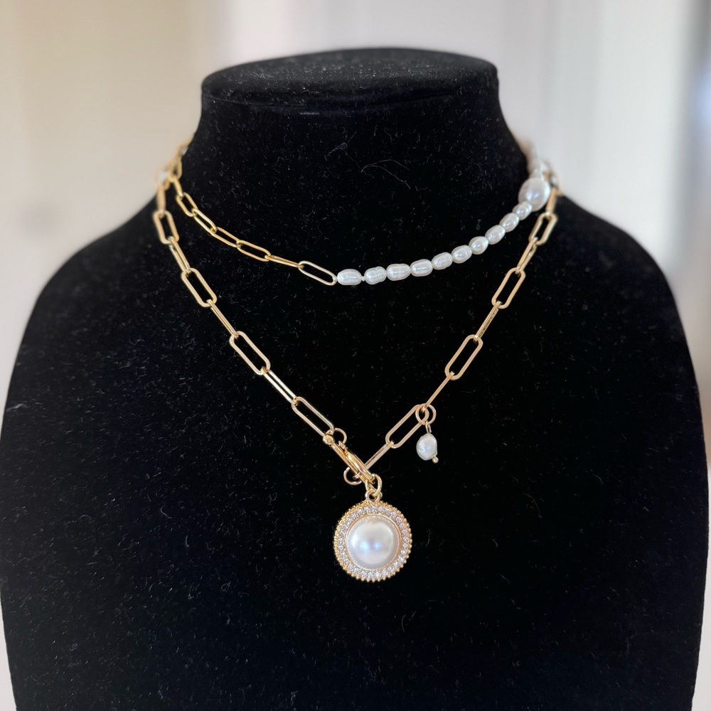 Gold Layered Necklace Multilaye Chunky layered Pearl Paperclip Chain Nec…